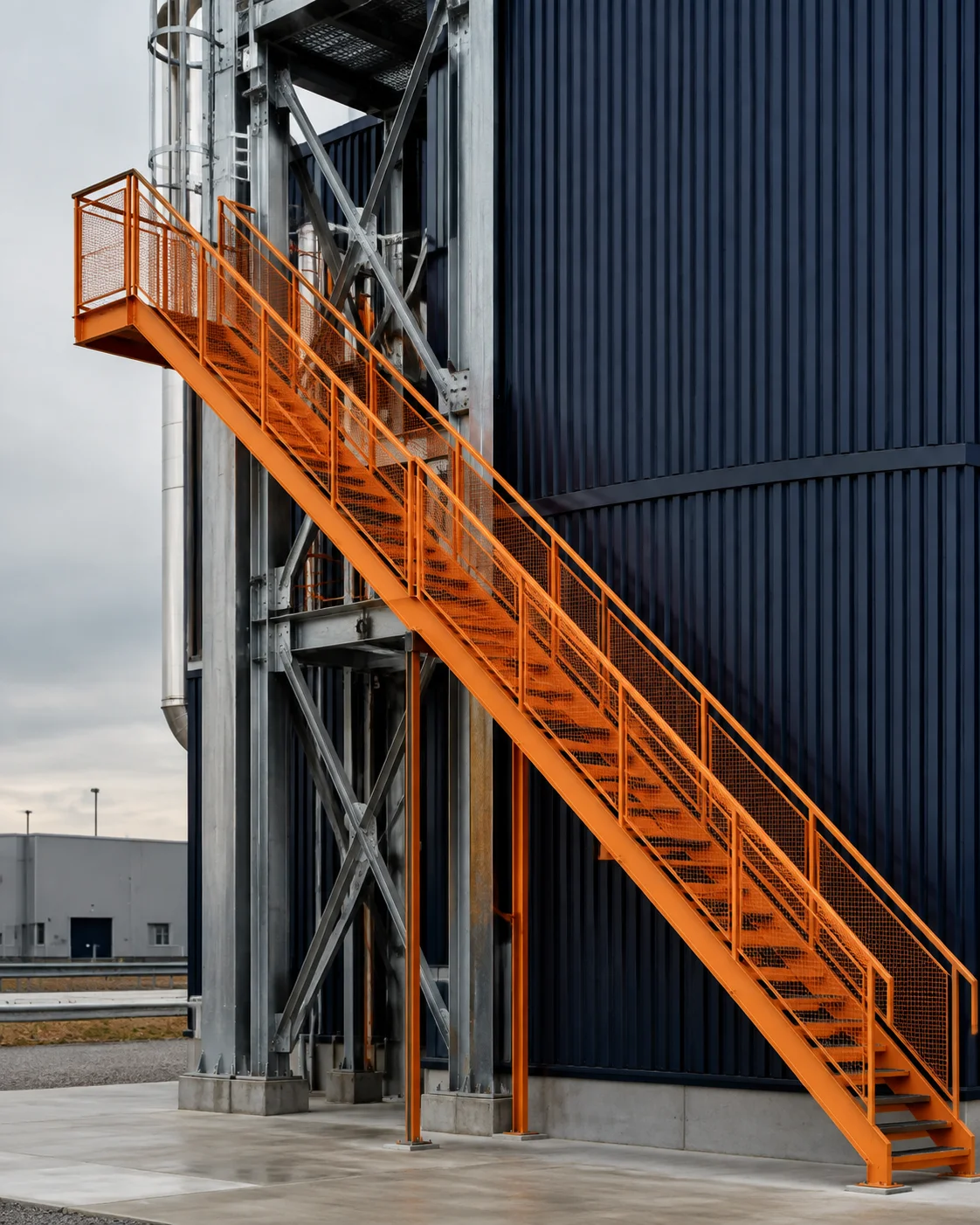 Imagen conceptual de arquitectura industrial: una escalera naranja conecta distintos niveles de una estructura azul marino.